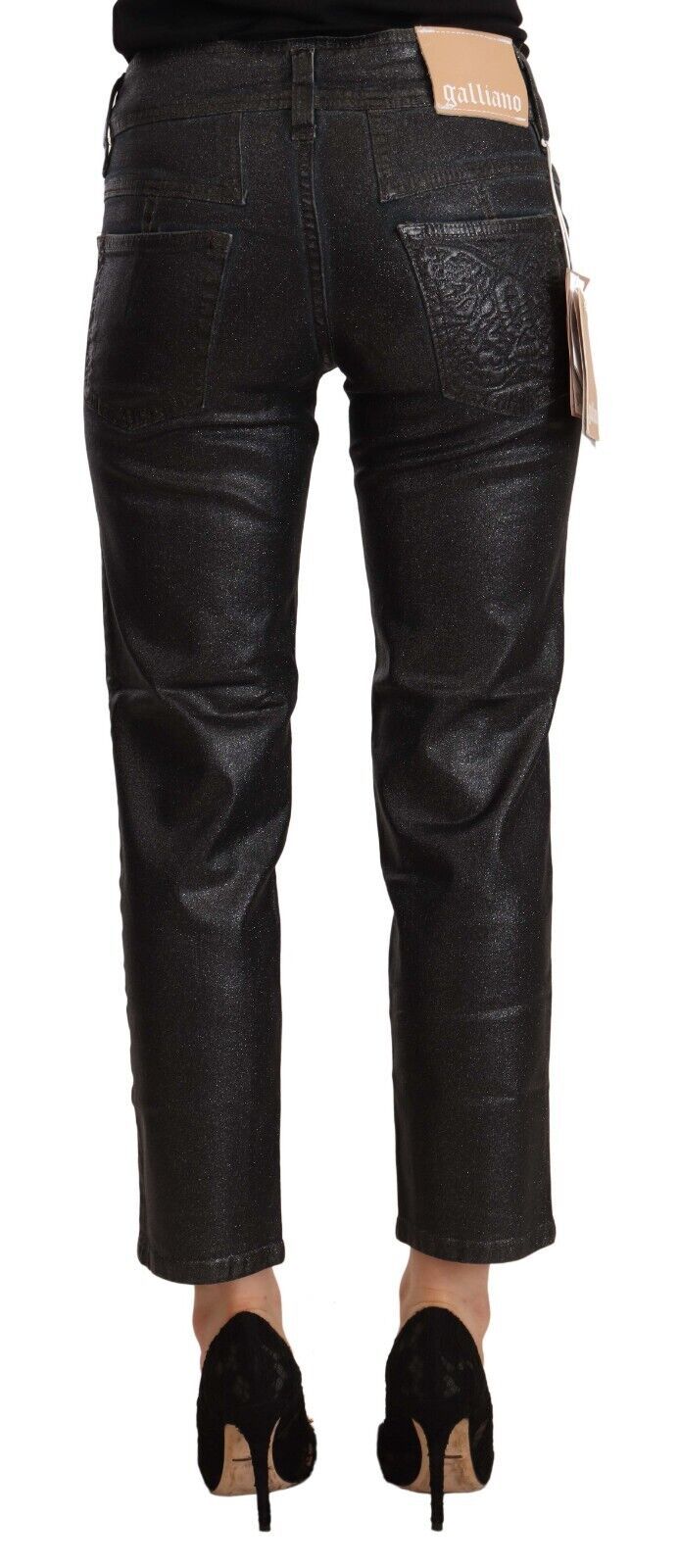 Pantalon court taille moyenne en coton noir pailleté John Galliano