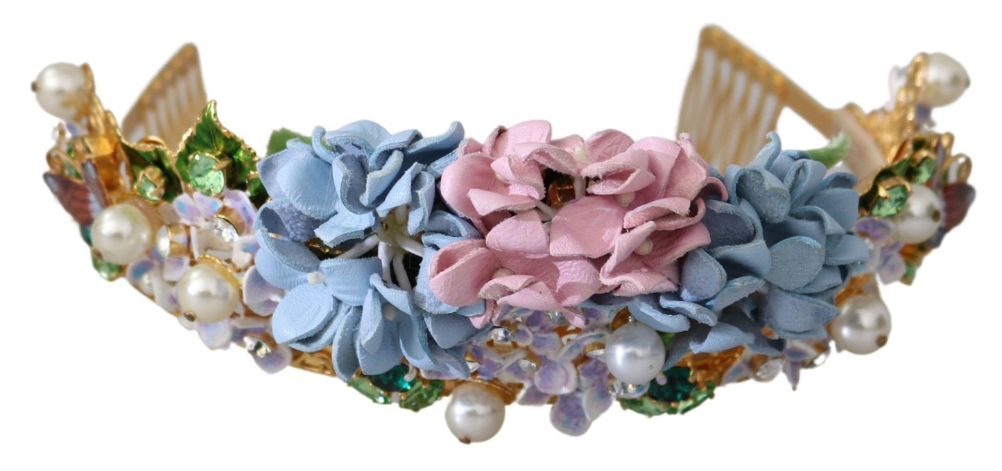Serre-tête couronne diadème Dolce &amp; Gabbana en cristal doré et hortensia violet
