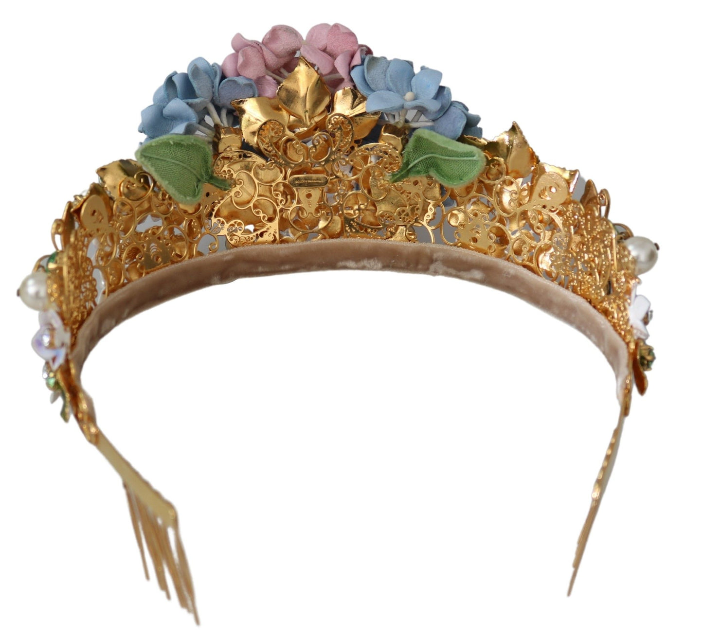 Serre-tête couronne diadème Dolce &amp; Gabbana en cristal doré et hortensia violet