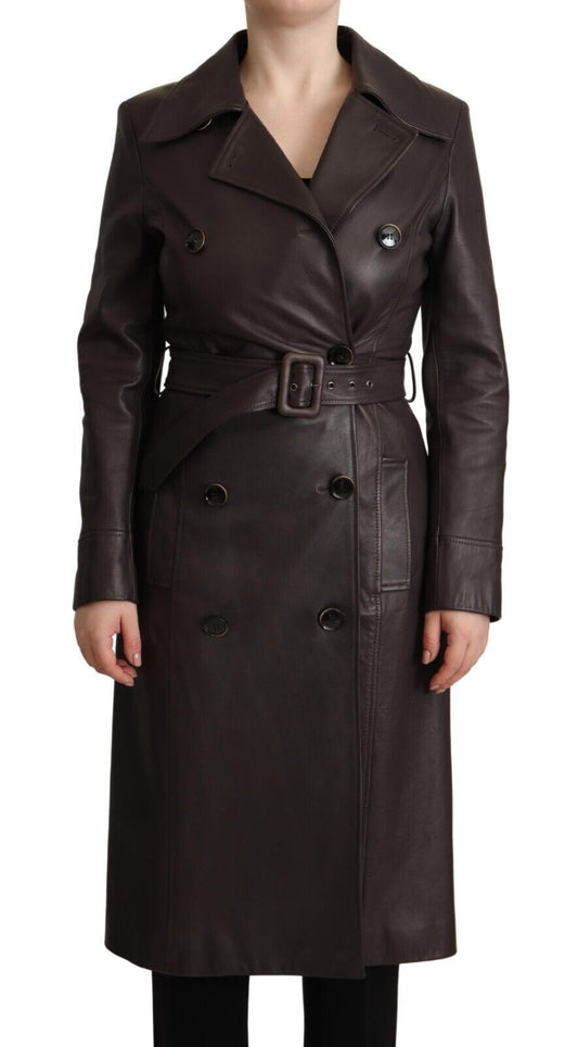 Veste ceinturée à manches longues en cuir marron foncé Dolce &amp; Gabbana
