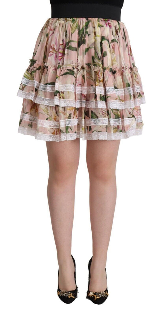 Jupe trapèze courte à volants en soie à imprimé lys rose Dolce &amp; Gabbana