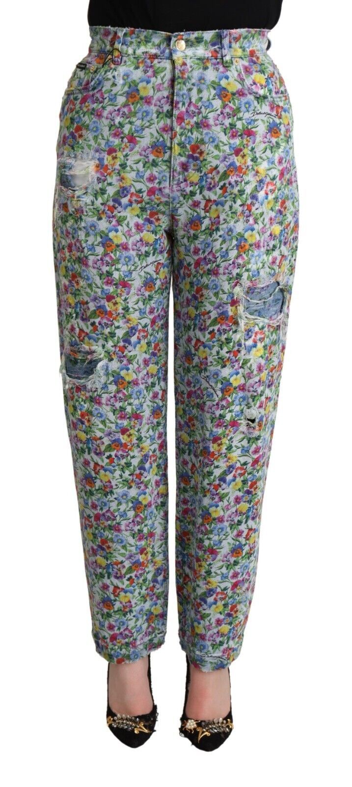 Jean fuselé taille haute en denim bleu à imprimé floral Dolce &amp; Gabbana