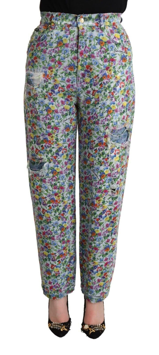Jean fuselé taille haute en denim bleu à imprimé floral Dolce &amp; Gabbana