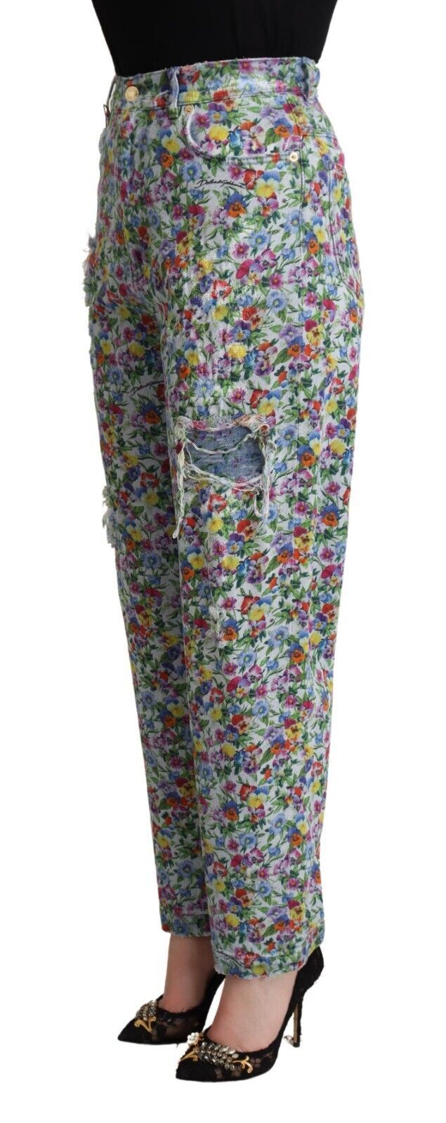 Jean fuselé taille haute en denim bleu à imprimé floral Dolce &amp; Gabbana