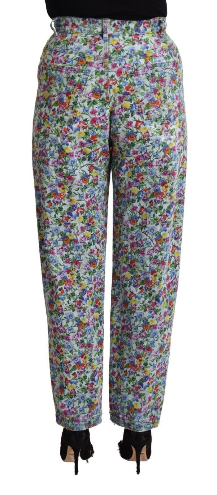 Jean fuselé taille haute en denim bleu à imprimé floral Dolce &amp; Gabbana