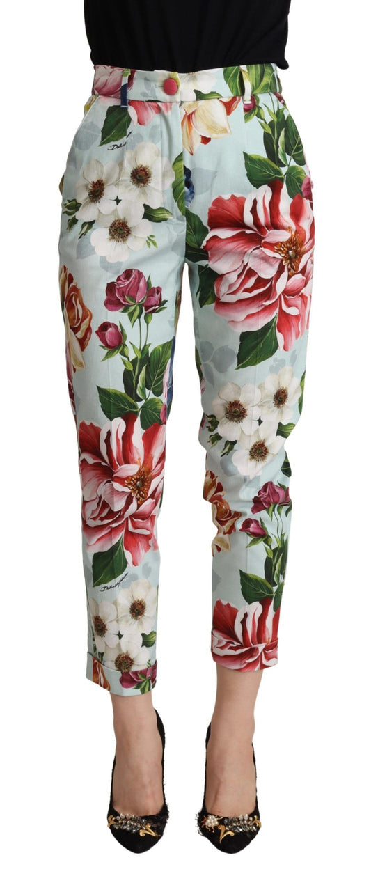 Pantalon fuselé en coton bleu clair à imprimé fleurs Dolce &amp; Gabbana