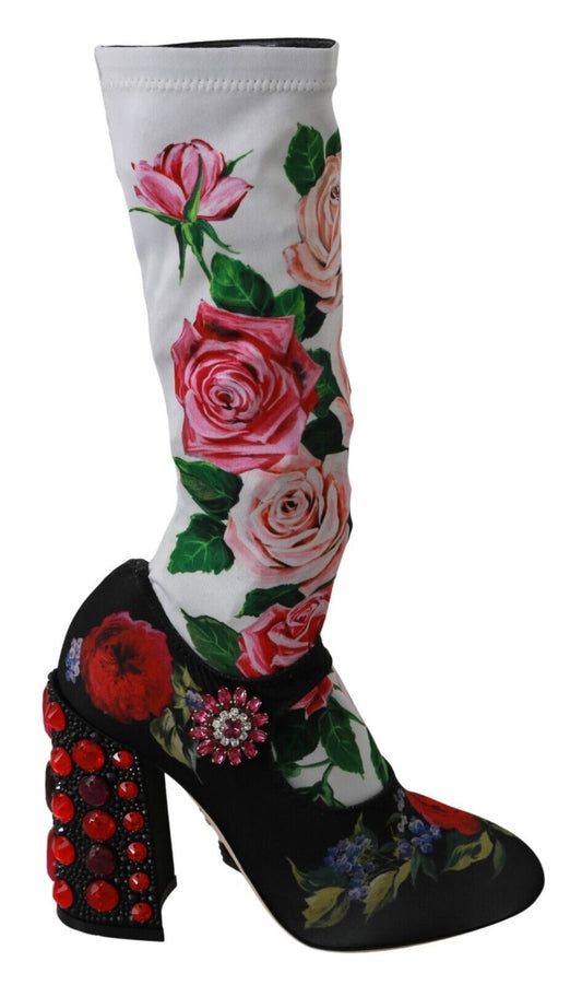 Dolce &amp; Gabbana Schwarze Blumensocken Kristall-Jersey-Stiefel Schuhe