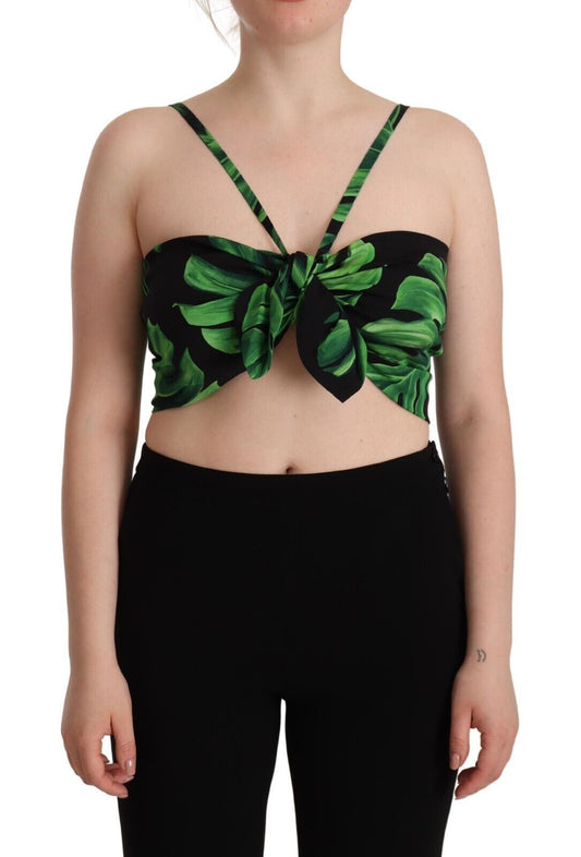 Dolce &amp; Gabbana - Haut court dos nu en soie à motif feuilles noires et vertes