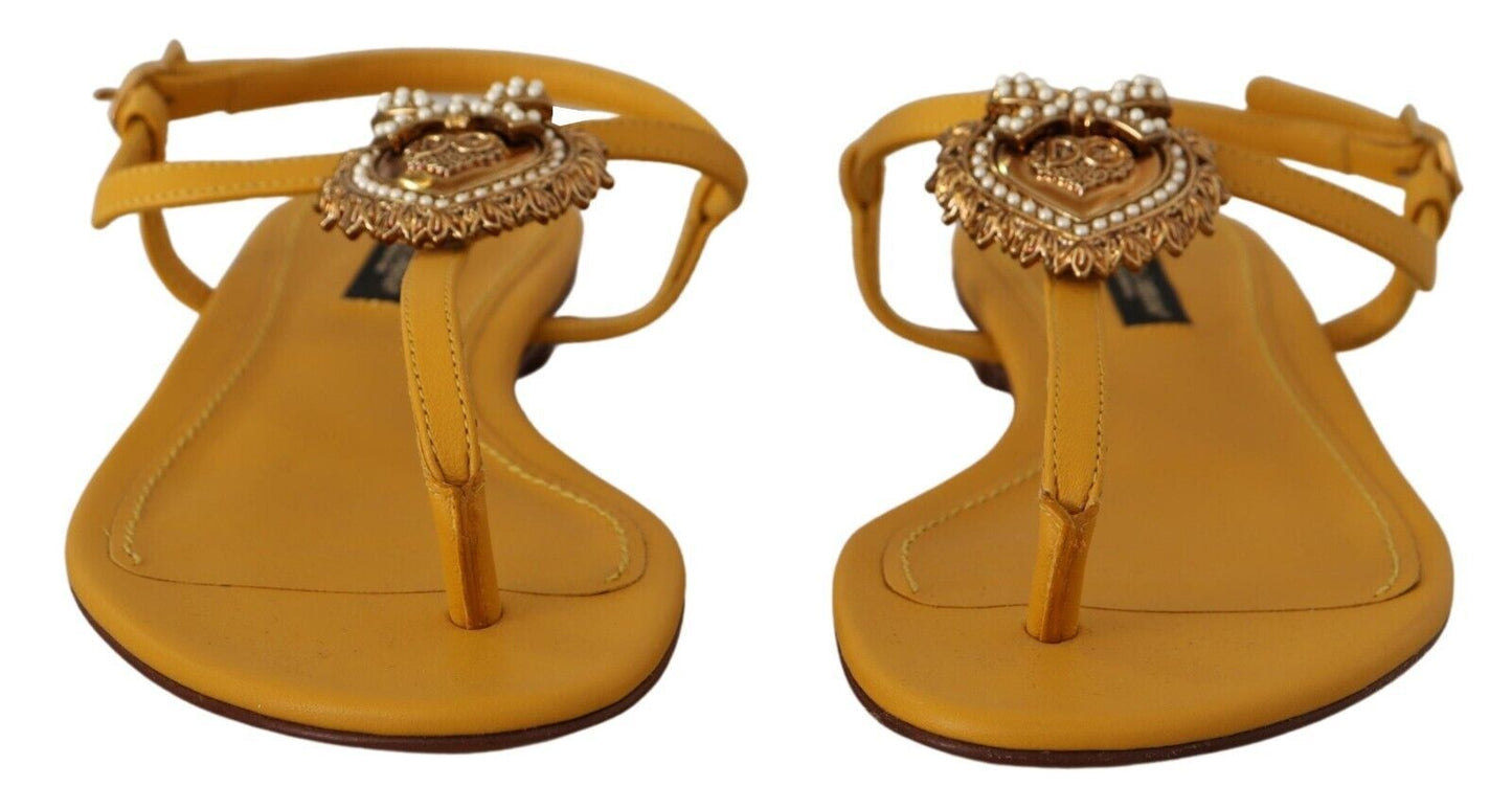 Dolce &amp; Gabbana Senf Leder Devotion Flats Sandalen Schuhe