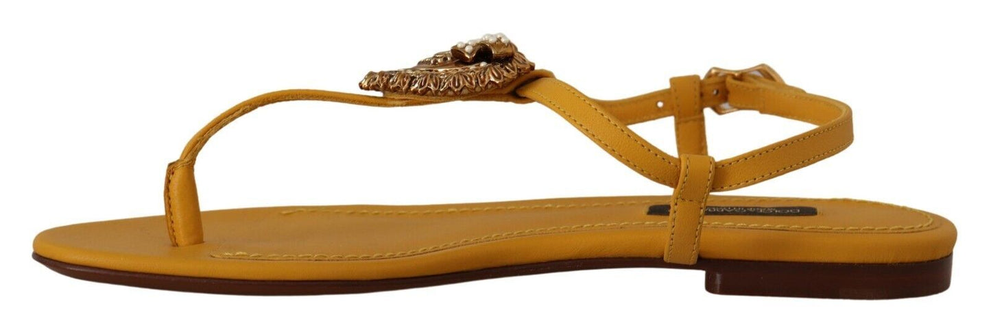 Dolce &amp; Gabbana Senf Leder Devotion Flats Sandalen Schuhe