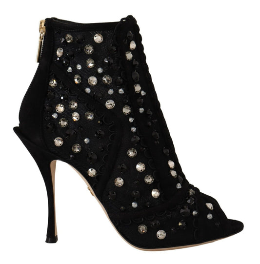 Dolce &amp; Gabbana Bottines courtes à talons et fermeture éclair en cristaux noirs