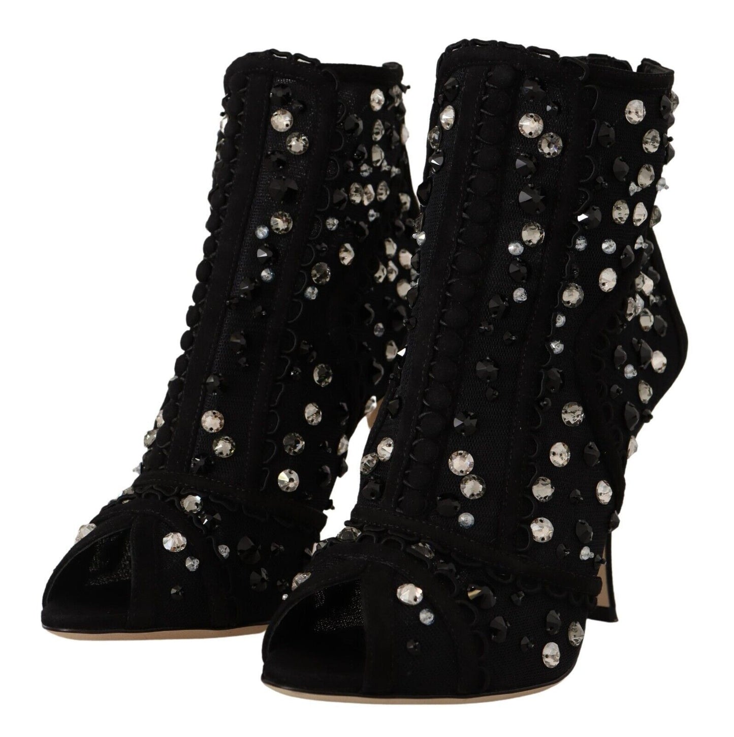 Dolce &amp; Gabbana Bottines courtes à talons et fermeture éclair en cristaux noirs