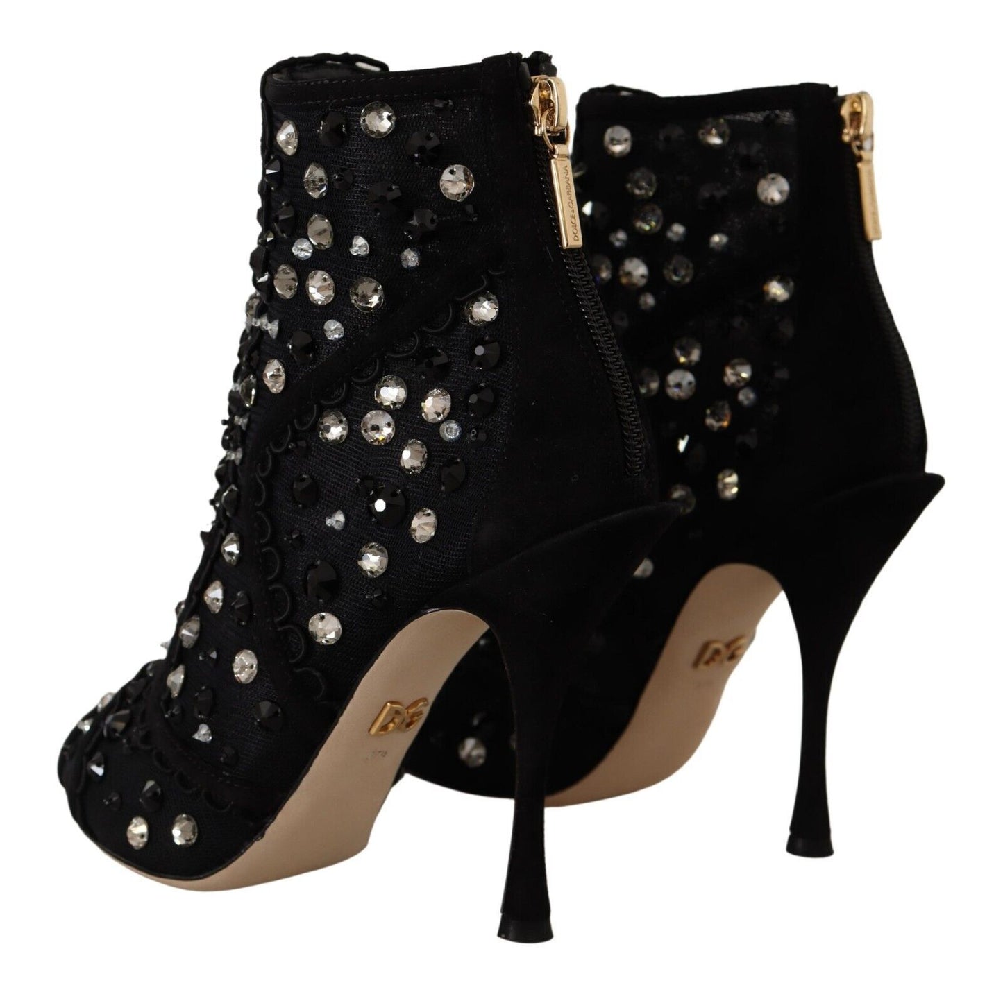Dolce &amp; Gabbana Bottines courtes à talons et fermeture éclair en cristaux noirs