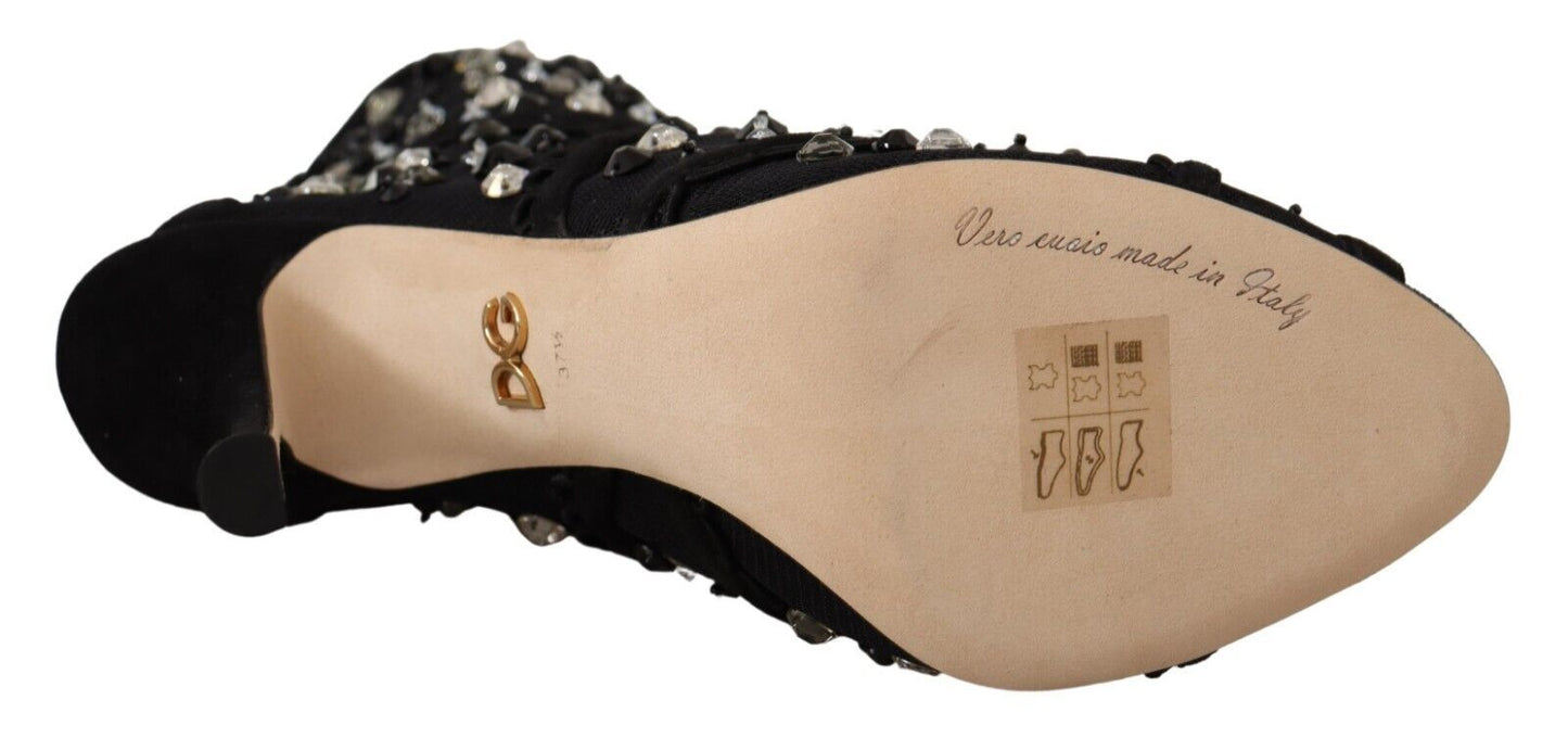 Dolce &amp; Gabbana Bottines courtes à talons et fermeture éclair en cristaux noirs