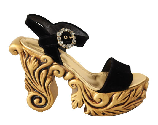 Chaussures à talons baroques en velours noir et or Dolce &amp; Gabbana
