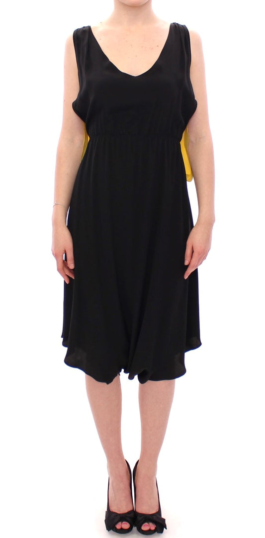 Robe de cocktail fourreau en soie noire et jaune Lamberto Petri