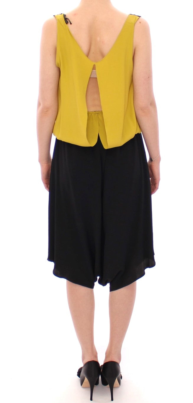 Robe de cocktail fourreau en soie noire et jaune Lamberto Petri