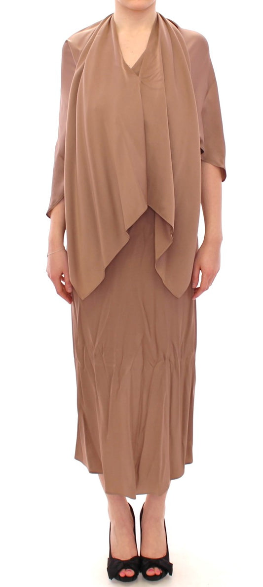 Robe de cocktail fourreau drapée en soie marron Lamberto Petri