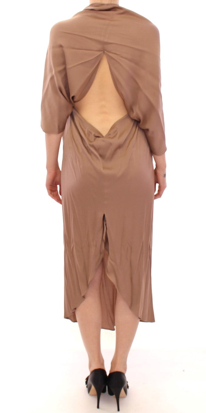 Robe de cocktail fourreau drapée en soie marron Lamberto Petri