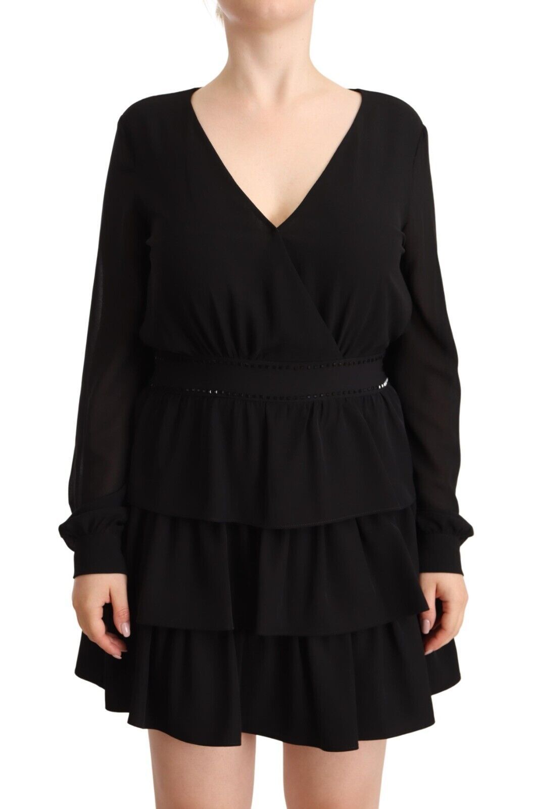 Liu Jo – Schwarzes, langärmliges Mini-A-Linien-Kleid aus Polyester mit V-Ausschnitt