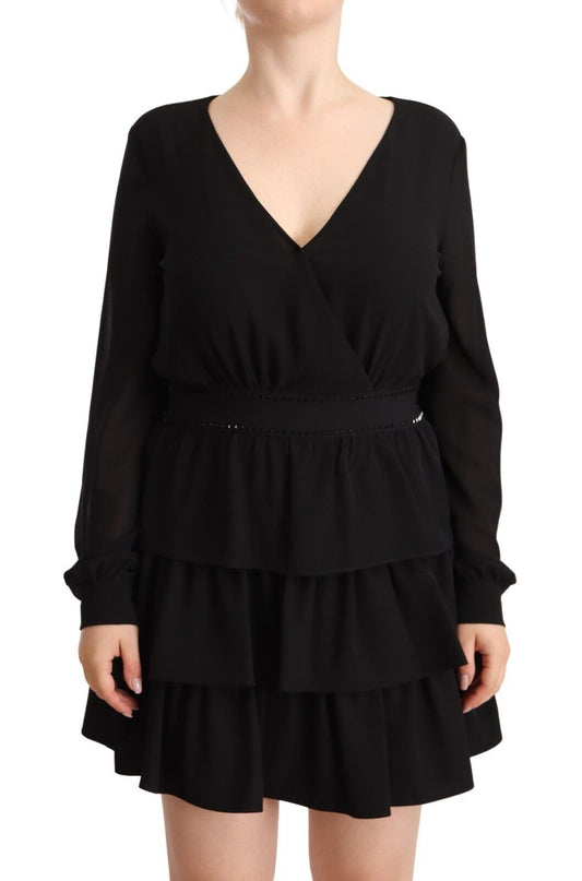 Robe courte trapèze noire à manches longues et col en V en polyester Liu Jo