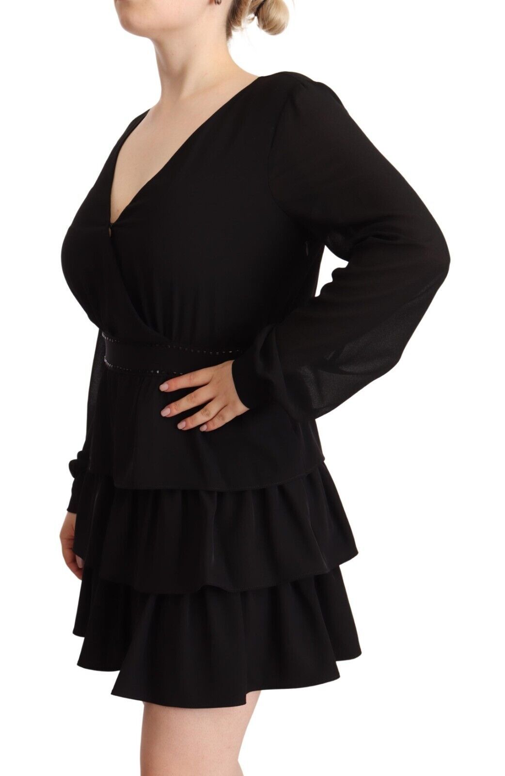 Liu Jo – Schwarzes, langärmliges Mini-A-Linien-Kleid aus Polyester mit V-Ausschnitt