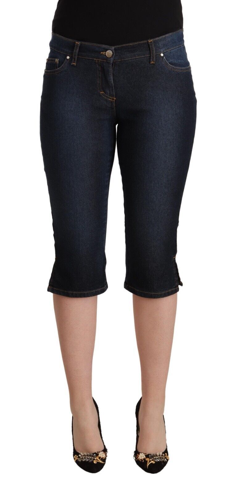 GF Ferre – Schmale Capri-Jeans aus Baumwollstretch in Blau mit niedriger Taille