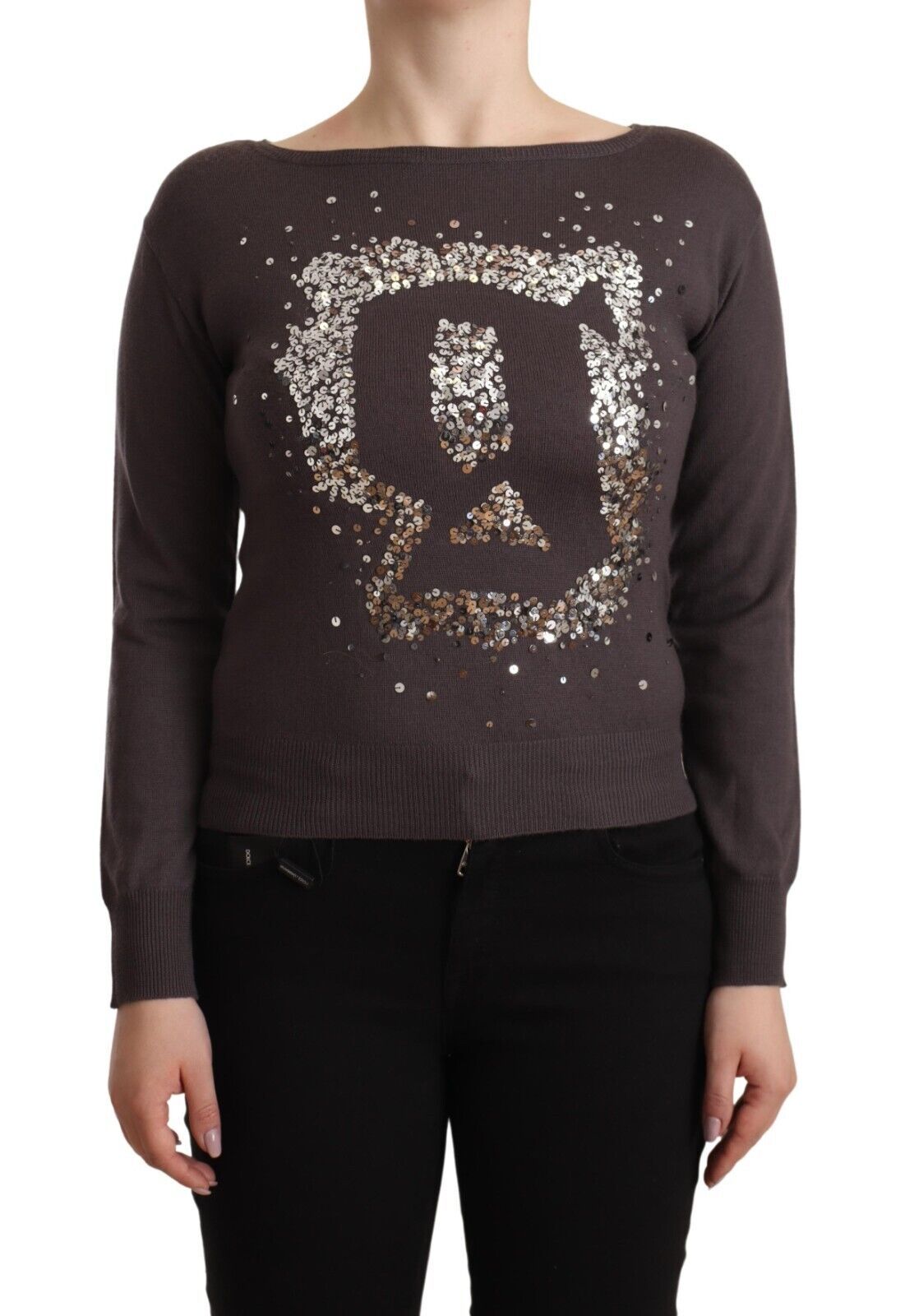Pull à manches longues en laine marron à paillettes John Galliano