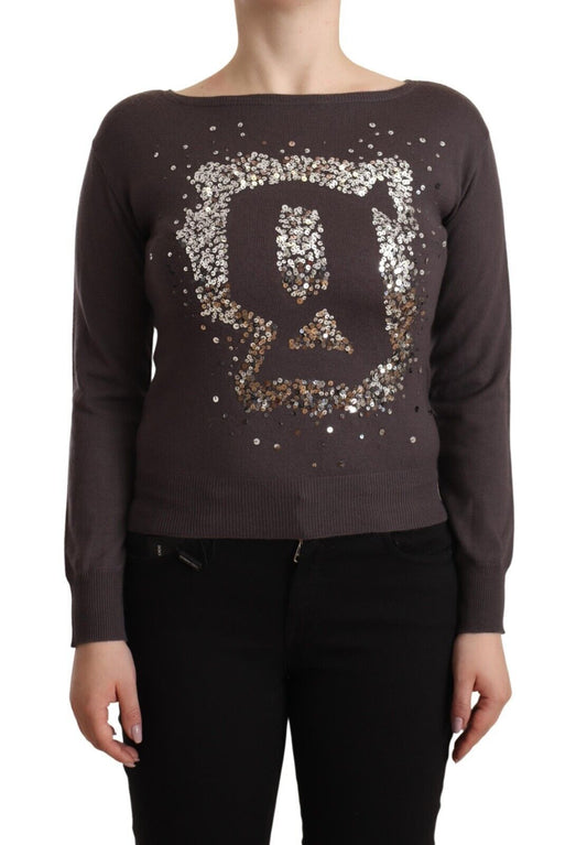 Pull à manches longues en laine marron à paillettes John Galliano