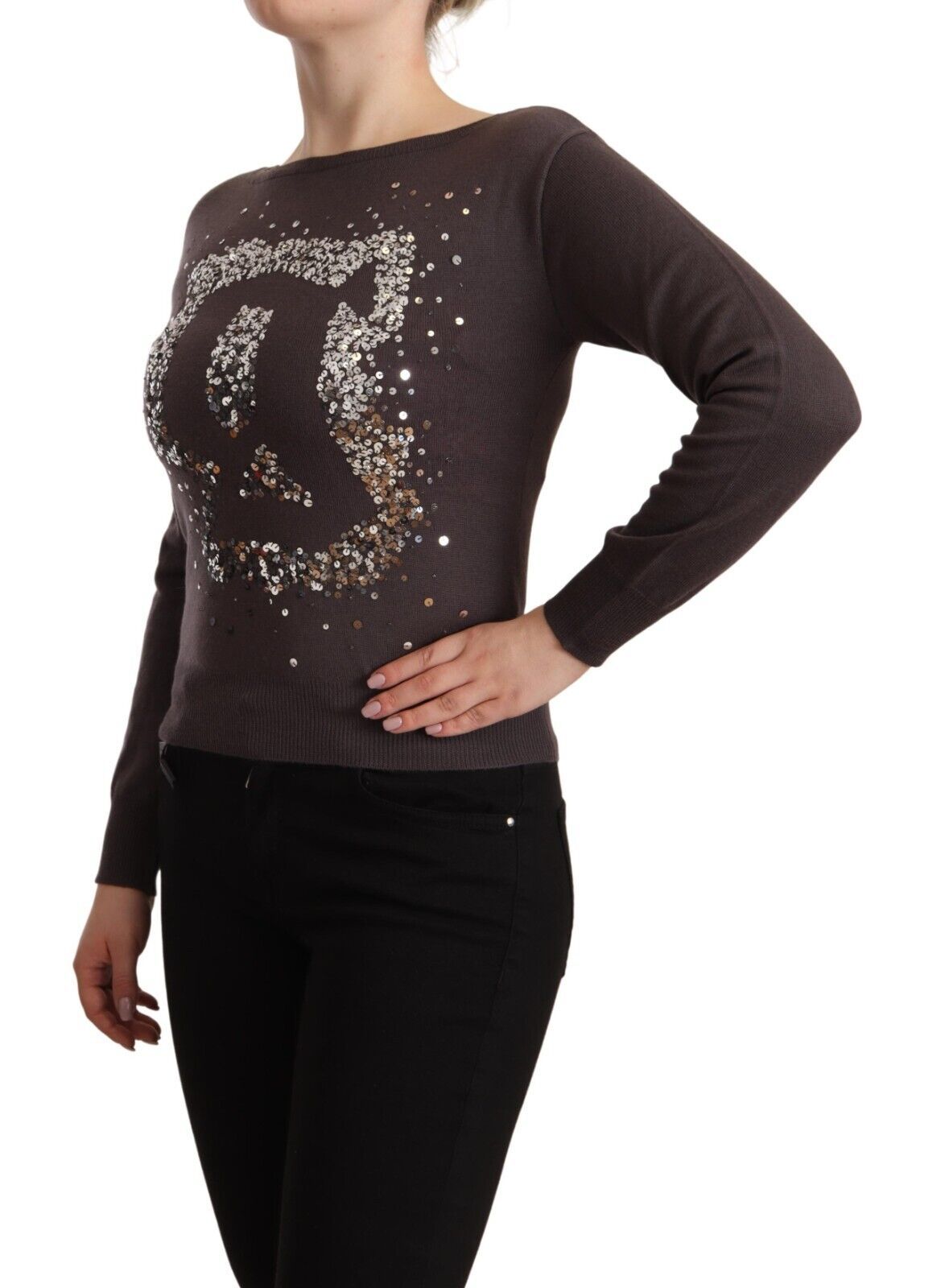 Pull à manches longues en laine marron à paillettes John Galliano