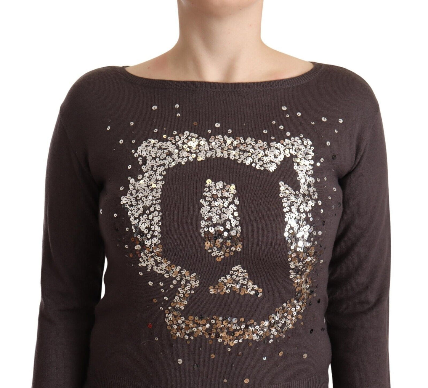 Pull à manches longues en laine marron à paillettes John Galliano