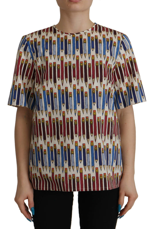 Dolce &amp; Gabbana – Weiße T-Shirt-Bluse aus Baumwolle mit Bleistiftdruck
