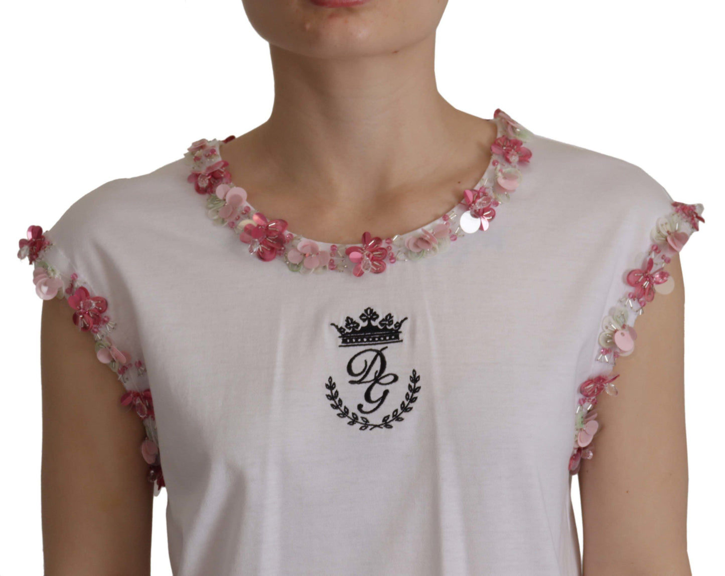 T-shirt à sequins floraux Dolce &amp; Gabbana blanc DG Crown