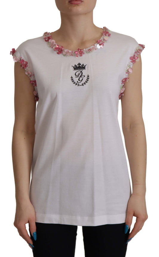 T-shirt à sequins floraux Dolce &amp; Gabbana blanc DG Crown