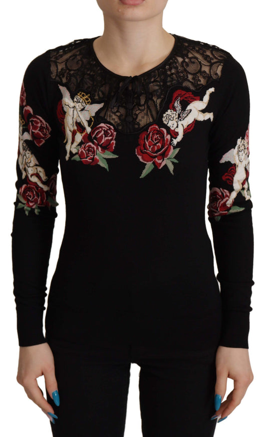Pull cardigan en dentelle noire Angel Roses de Dolce &amp; Gabbana