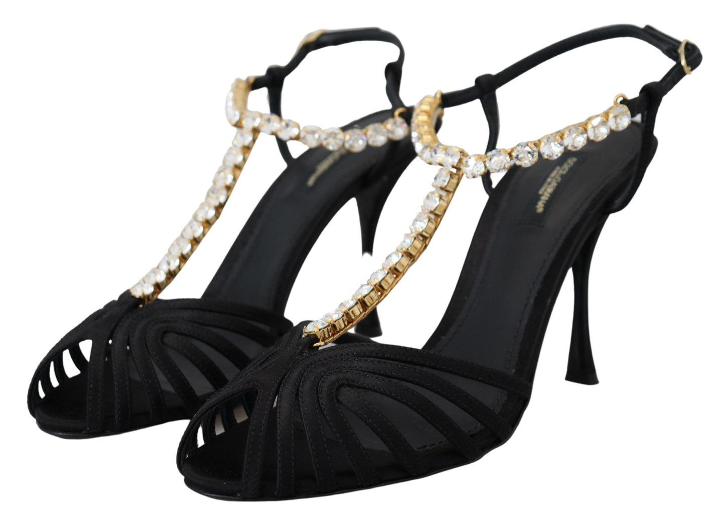 Sandales Dolce &amp; Gabbana en satin noir et cristaux transparents à bride en T