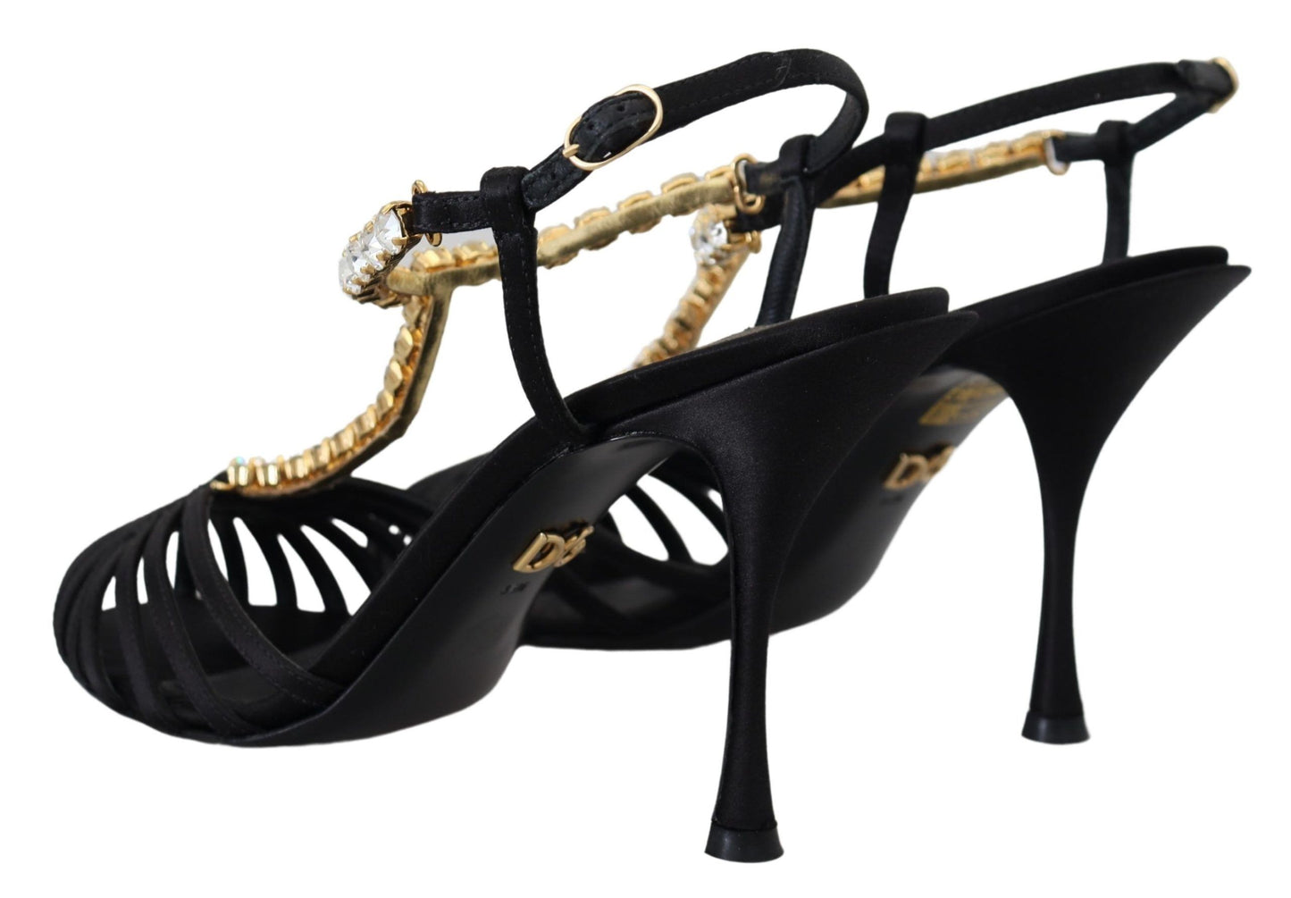 Sandales Dolce &amp; Gabbana en satin noir et cristaux transparents à bride en T