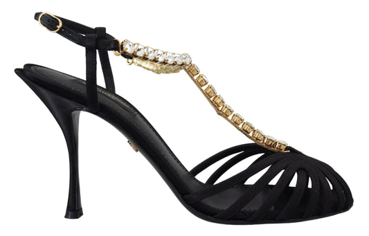 Sandales Dolce &amp; Gabbana en satin noir et cristaux transparents à bride en T