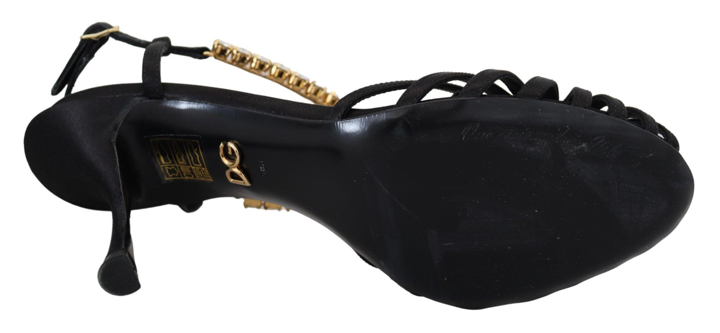 Sandales Dolce &amp; Gabbana en satin noir et cristaux transparents à bride en T