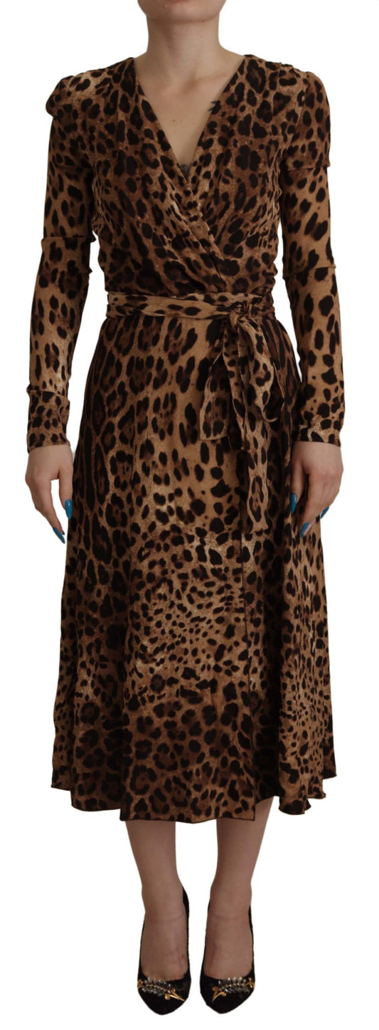 Robe portefeuille trapèze longue en viscose marron à imprimé léopard Dolce &amp; Gabbana