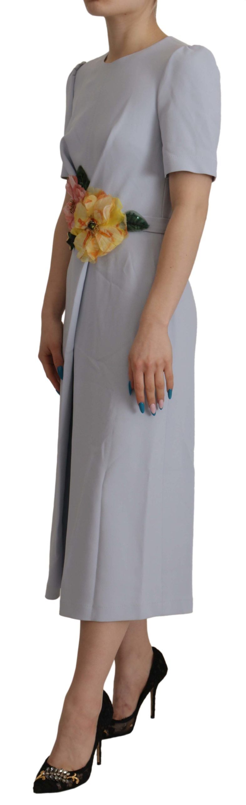 Robe mi-longue en viscose à appliqués floraux bleus Dolce &amp; Gabbana