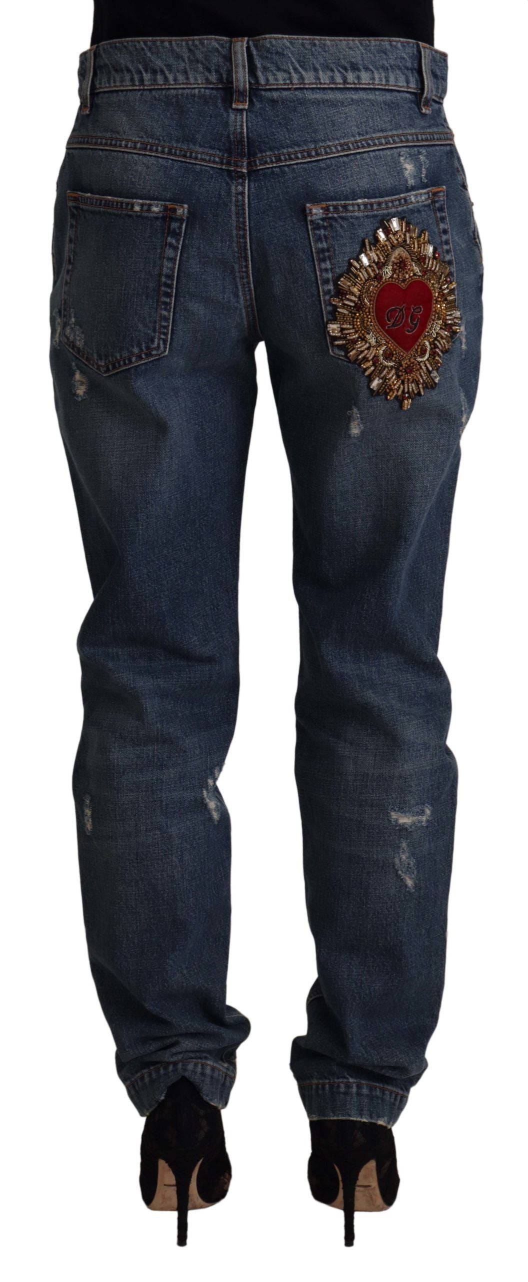 Pantalon en jean Dolce &amp; Gabbana bleu denim avec patch logo cœur baroque