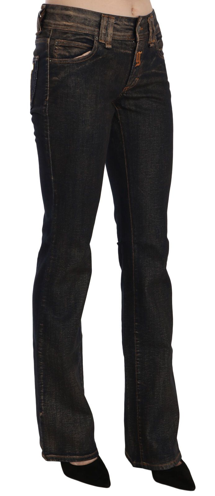 Pantalon évasé taille moyenne en denim noir délavé John Galliano en coton