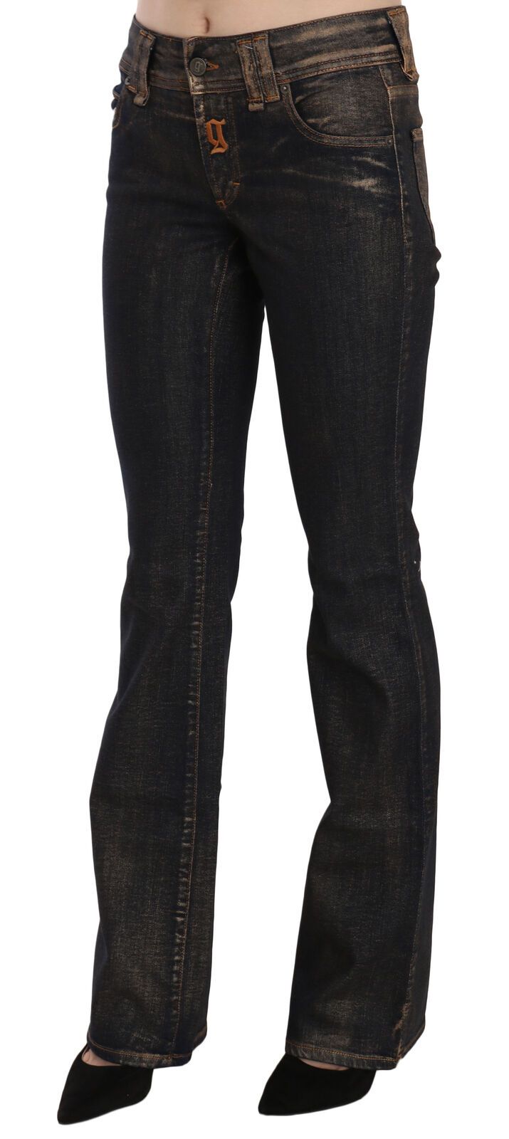 Pantalon évasé taille moyenne en denim noir délavé John Galliano en coton