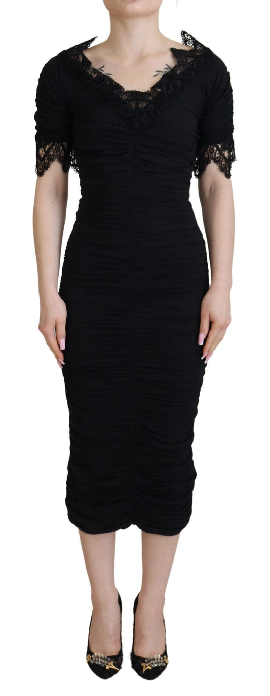 Robe fourreau mi-longue moulante en soie et dentelle noire Dolce &amp; Gabbana