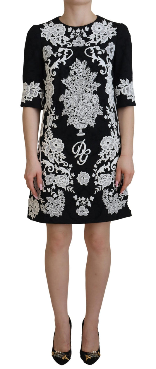 Robe trapèze à manches mi-longues et bordure en dentelle noire Dolce &amp; Gabbana