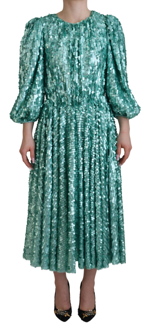 Robe midi plissée en nylon bleu à sequins Dolce &amp; Gabbana