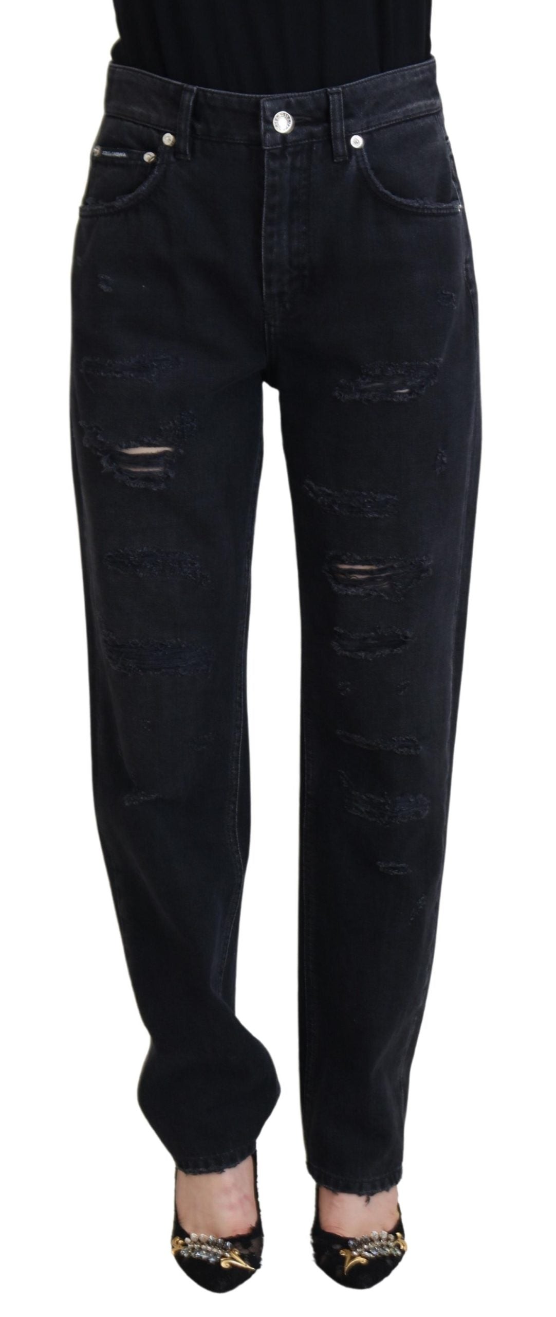 Jean taille haute en denim noir déchiré Dolce &amp; Gabbana