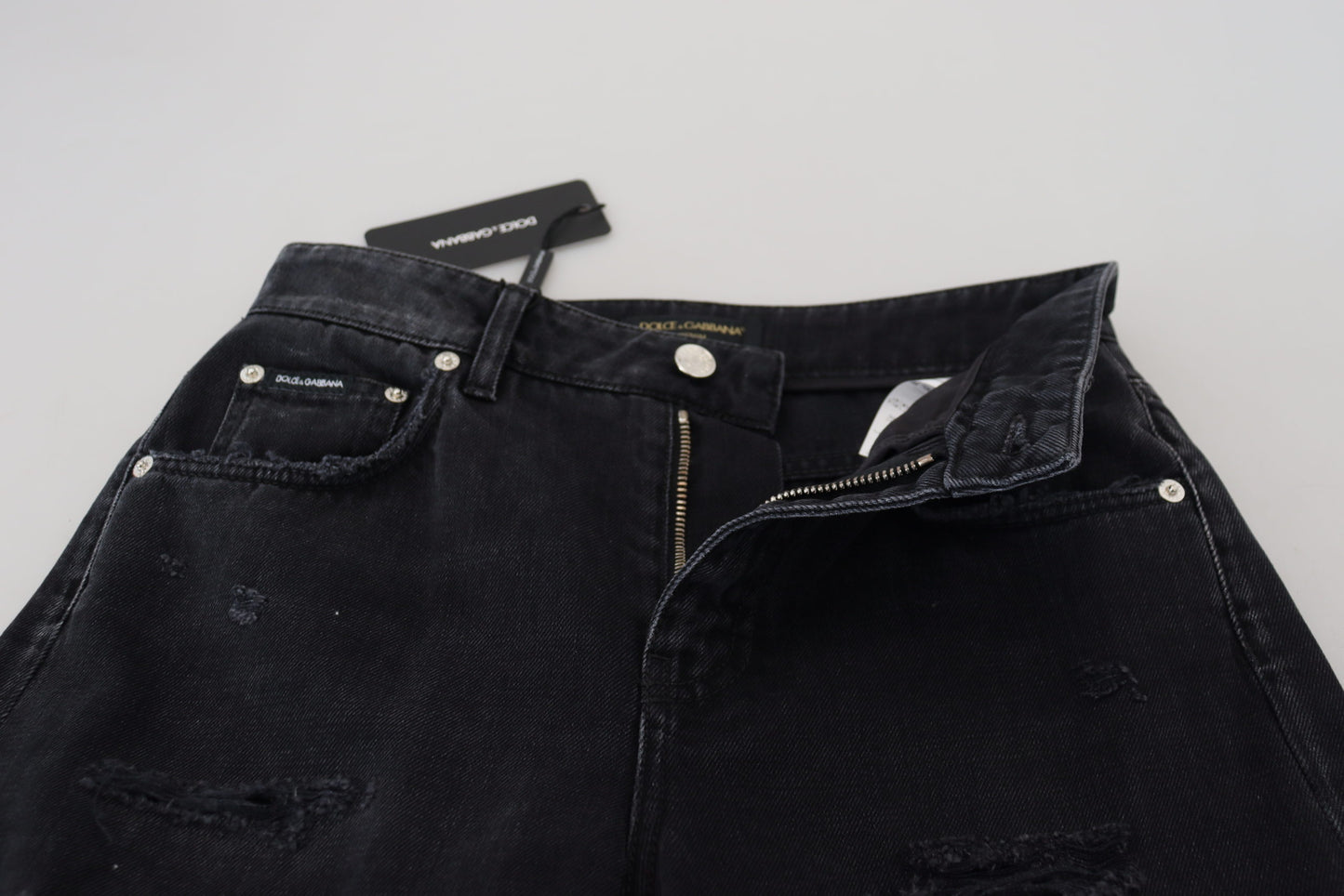 Jean taille haute en denim noir déchiré Dolce &amp; Gabbana