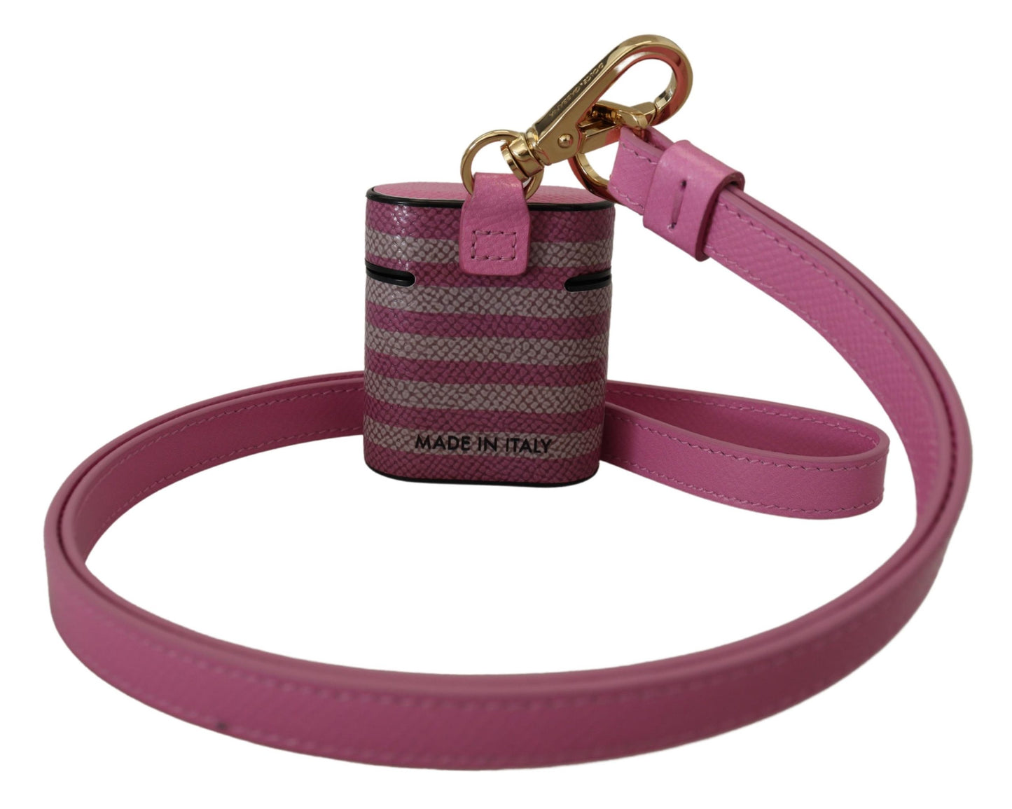 Étui pour Airpods Dolce &amp; Gabbana avec bracelet en cuir rose et noir et logo en métal doré